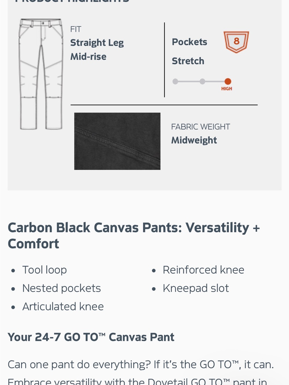 Dovetail Workwear Go To Stretch Canvas Pant on Charcoal Black - Picture 4 of 8